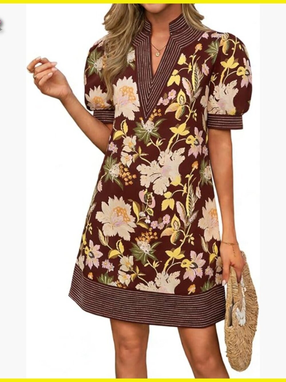 V-Neck Puff Sleeve Shift Dress Casual Boho Beach Mini with Pockets